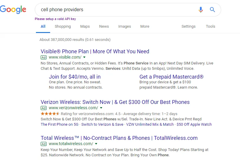 google search results page for "cell phone providers"