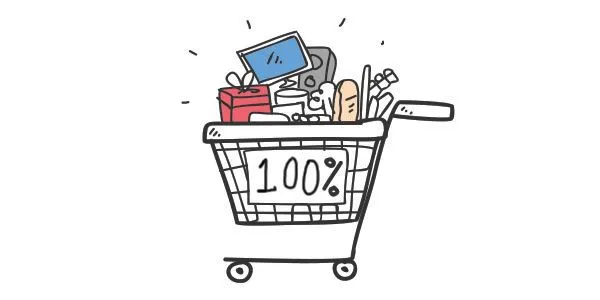 Boost your Shopify dropshipping success rate. Reduce cart abandonment - A super full shopping cart with "100%" written on the side of it.