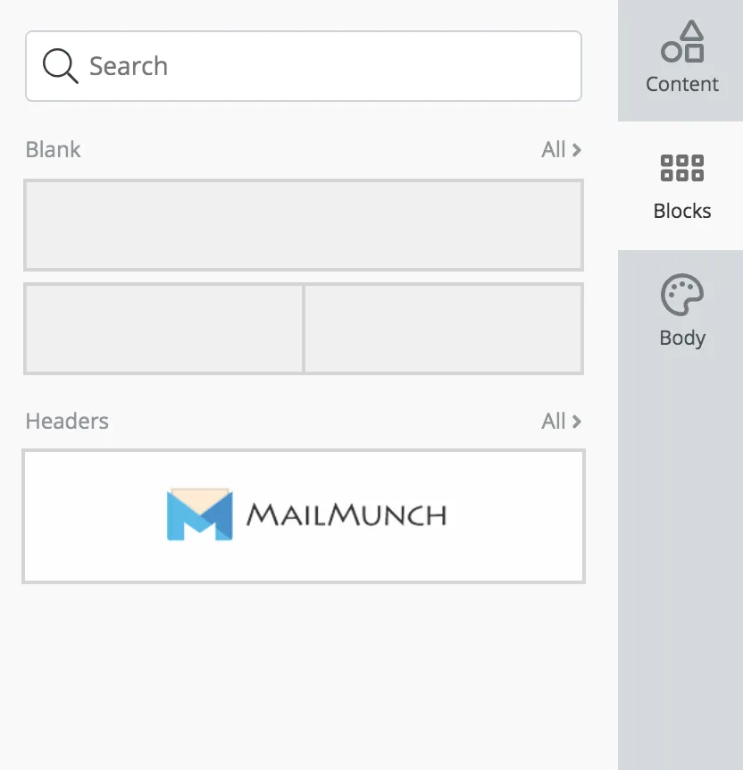 Mailmunch content menu showing resuable blocks under 'Block' pane
