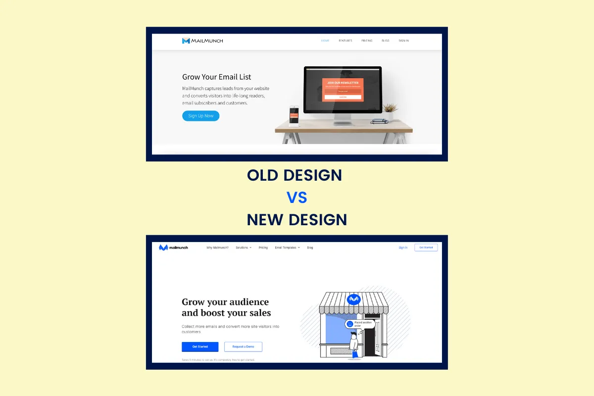 Old vs new website layout by Mailmunch