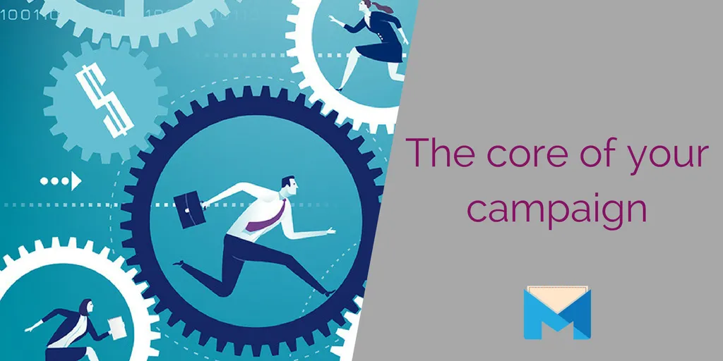 The core of your online marketing campaign section header -- business people running in gears