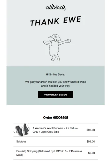 Examples of shipping emails: Allbirds
