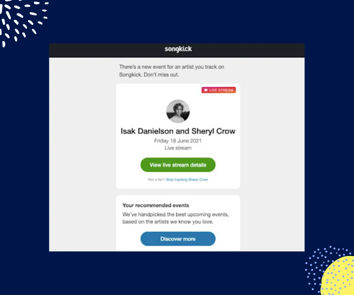 Songkick's promotional email- Desktop view