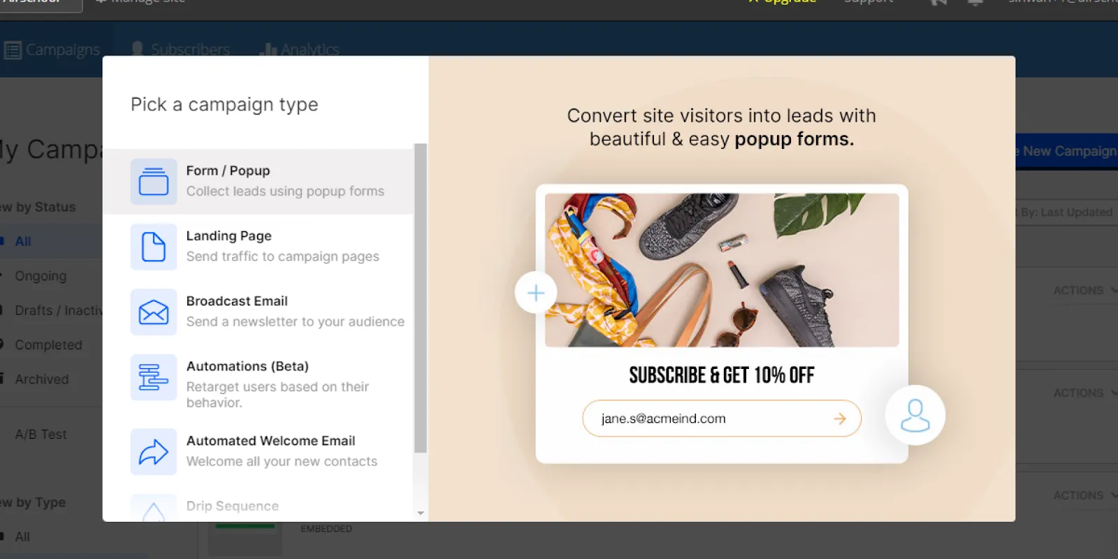 MailMunch campaign options for lead generation and email marketing