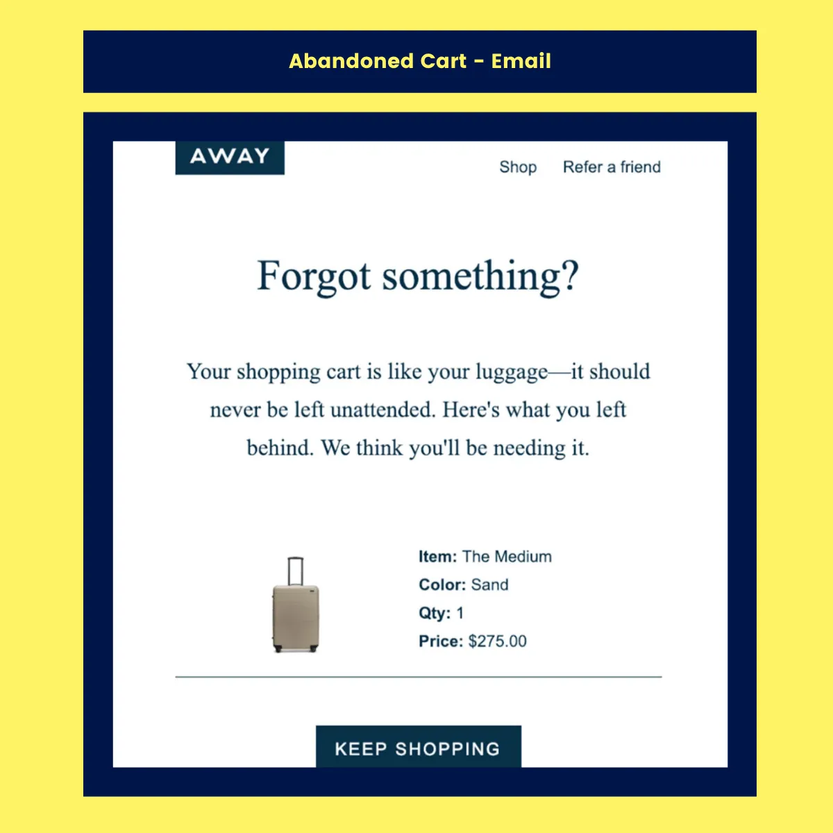 Simple and catchy cart abandonment email by Away