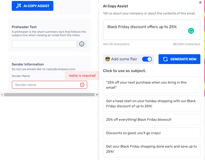 Infographic: Subject lines generated with "Add some flair" button toggled