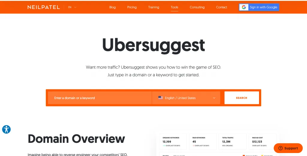 ubersuggest landing page