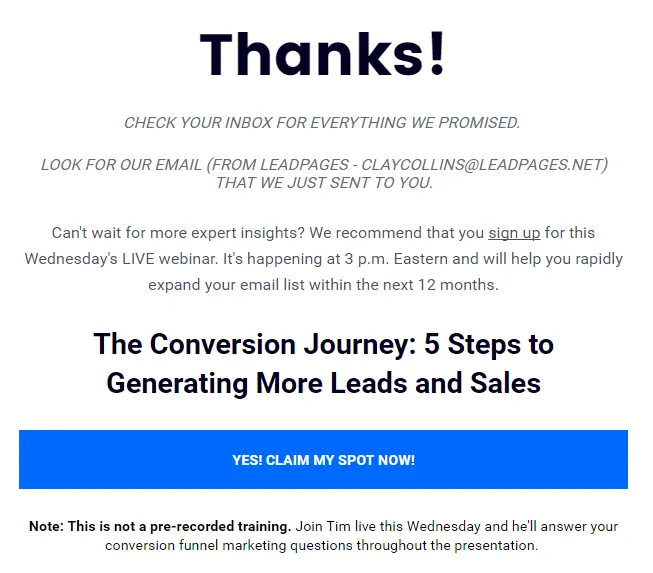 Leadpages Thank you page