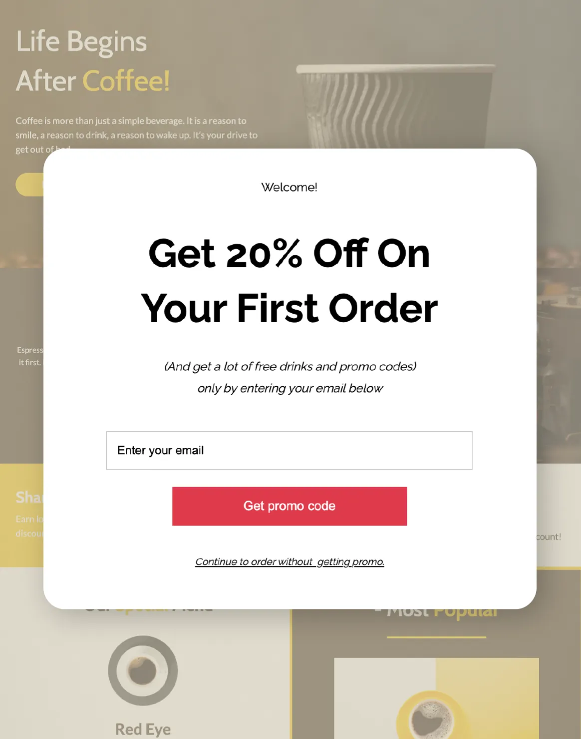 Coupon popup offering 20% off a first order