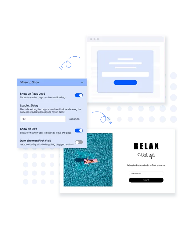 Exit-intent popup settings next to a live popup on a store