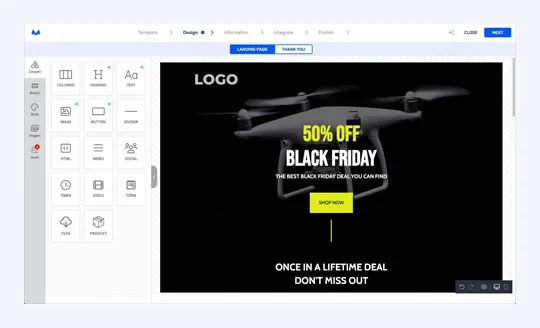 The Mailmunch landing page editor with drag-and-drop blocks and a Black Friday page