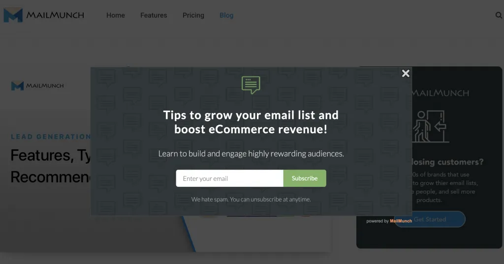 opt-in form types: mailmunch pop-up form
