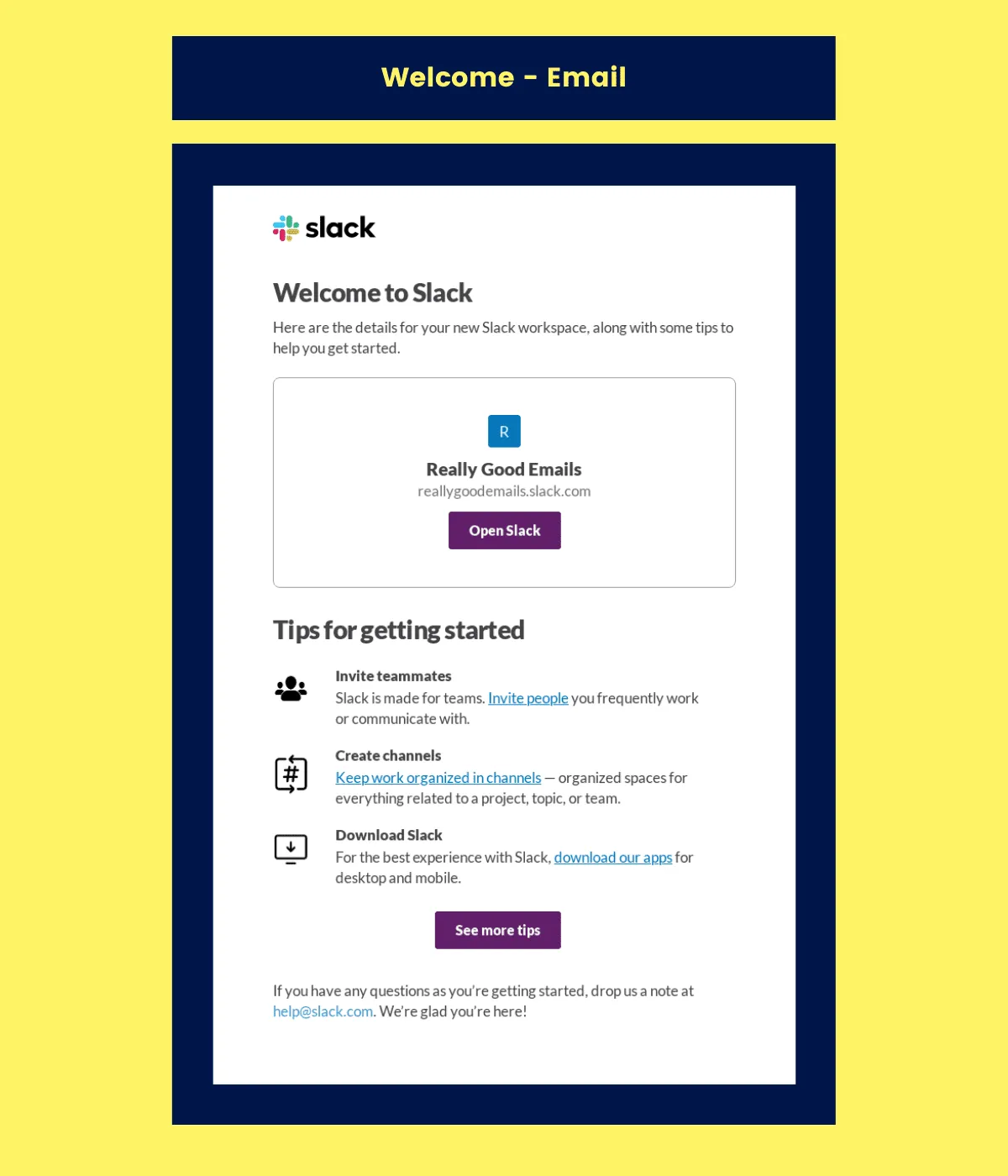 Welcome email by Slack