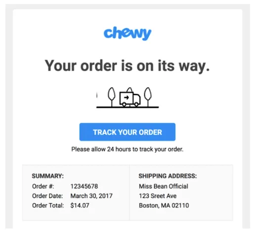 Examples of shipping emails: Chewy