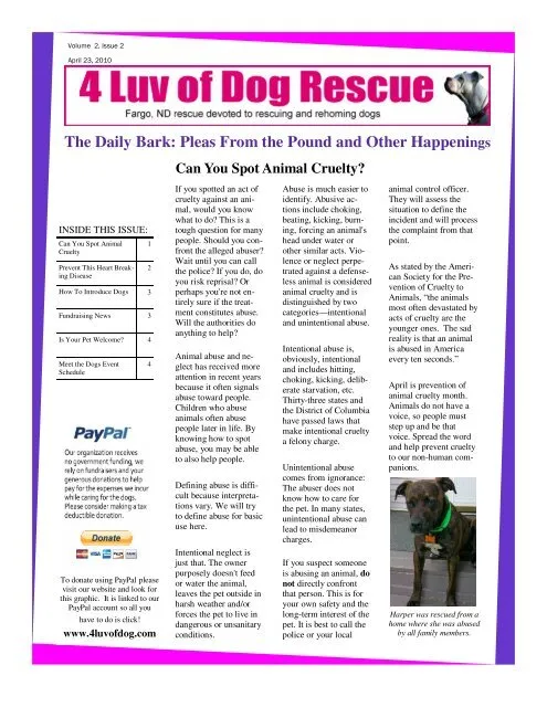 Prevention of cruelty to Animals: April newsletter idea