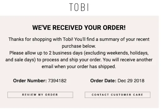 Examples of shipping email: Tobi