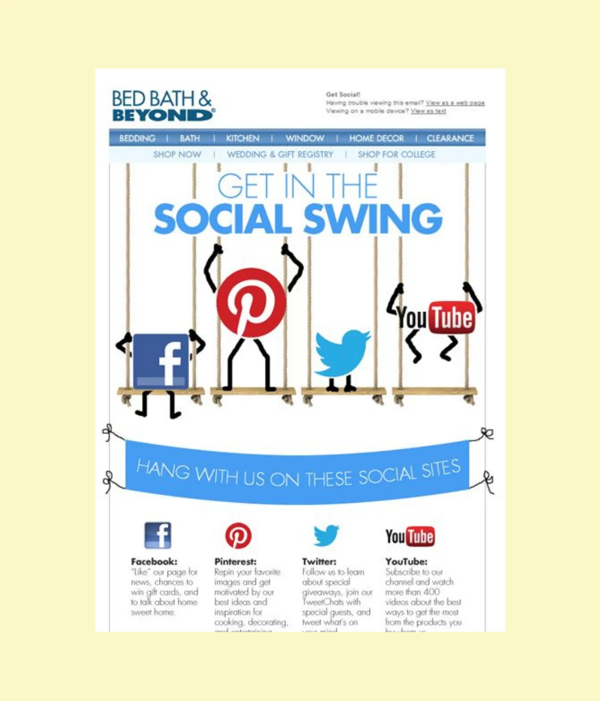 Bed, Bath, and Beyond include share buttons in emails