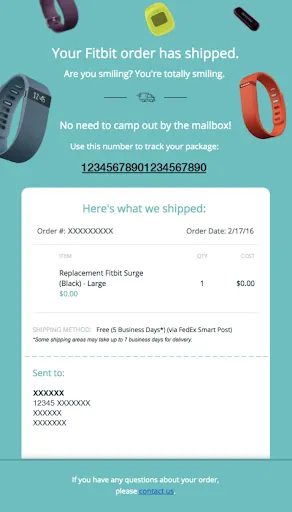 Examples of shipping email: Fitbit