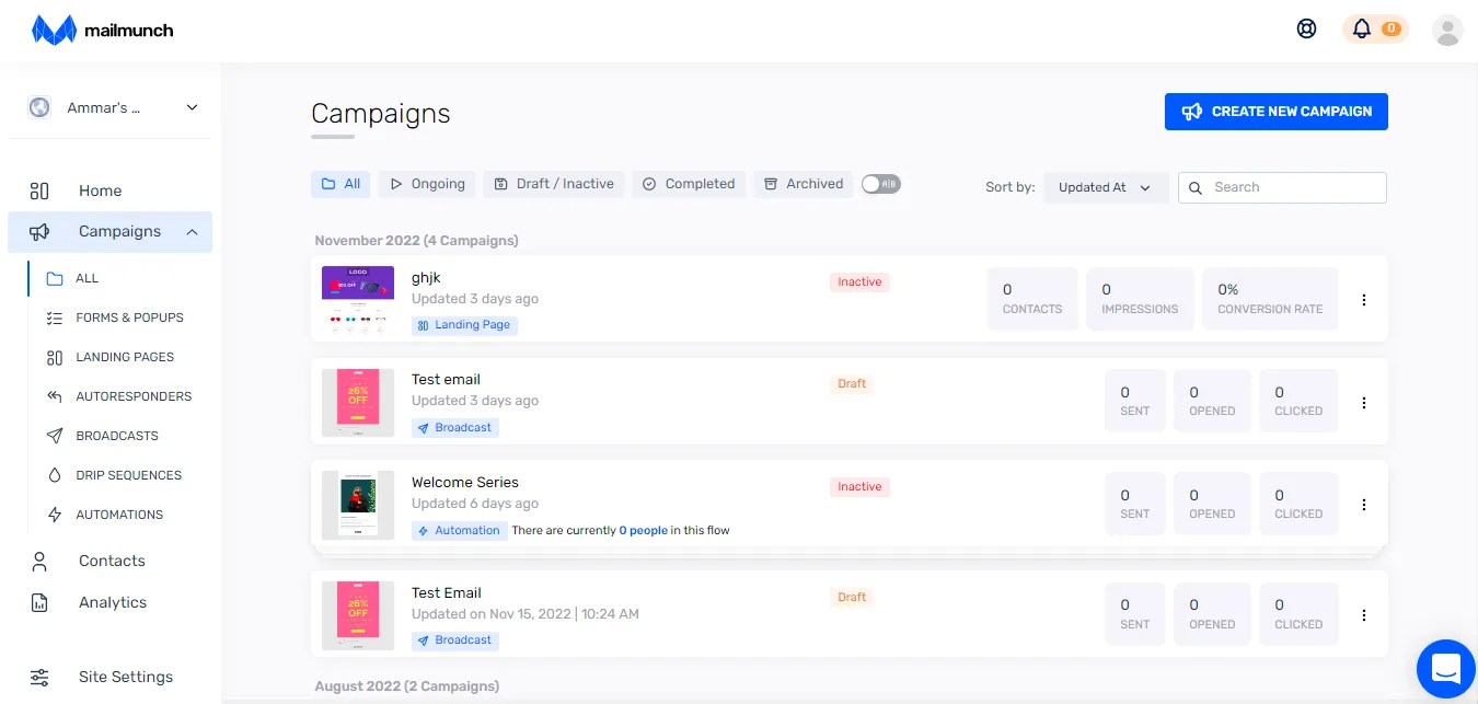 Email automatin campaign creation in Mailmunch