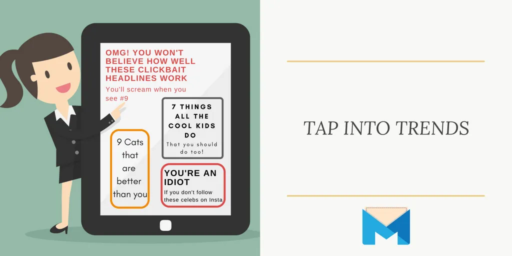 viral marketing tap into trends: illustrated woman with tablet with clickbait headlines
