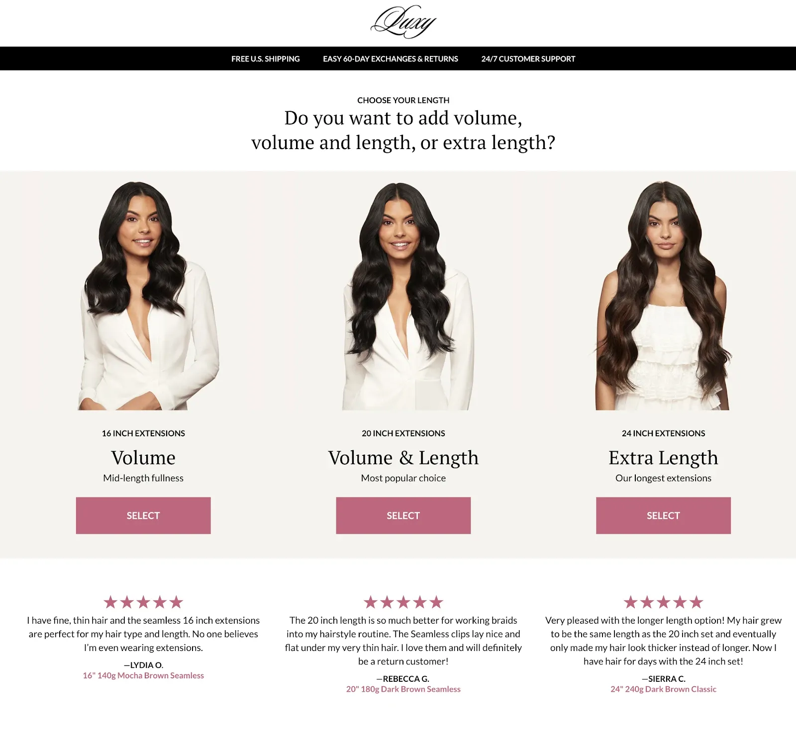 luxy hair product page with testimonials