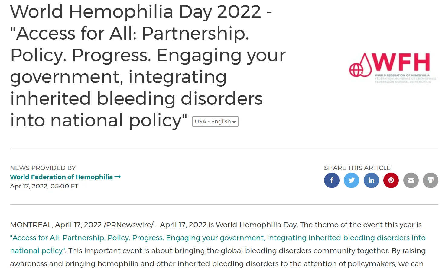 World Hemophilia Day: April Newsletter Ideas