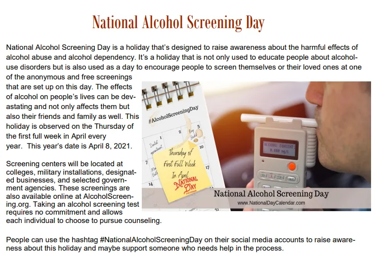 National Alcohol Screening Day: April Newsletter Ideas
