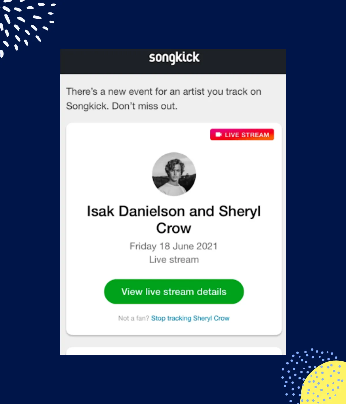 Songkick's promotional email - mobile view