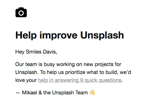 unsplash email with link to survey