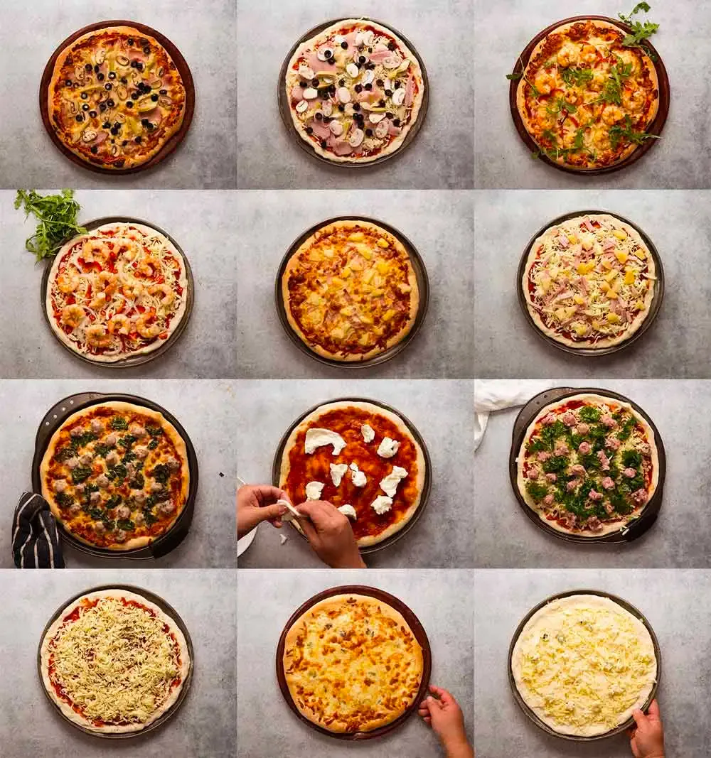 Different toppings and pizzas